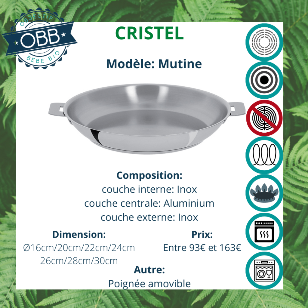 Mutine, poêle inox Cristel avec poignée amovible. Compatible avec plusieurs types de feux et le lave vaisselle.