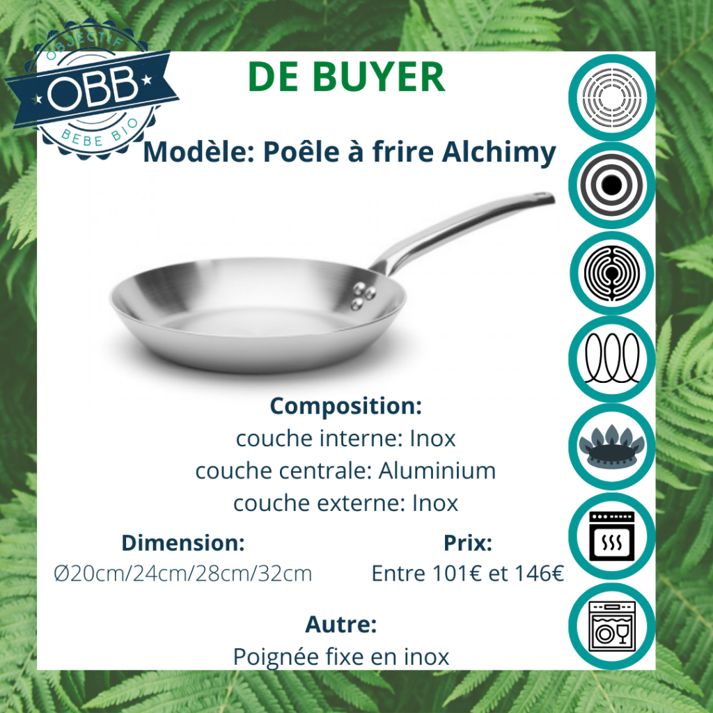 Alchimy à frire, poêle inox De Buyer avec poignée fixe. Compatible avec tous types de feux et le lave vaisselle.