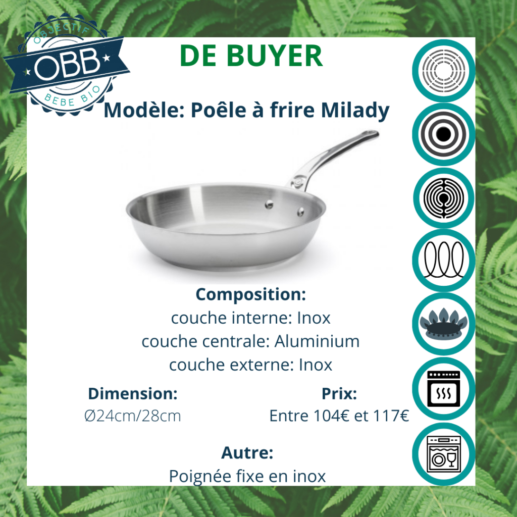 Milady à frire, poêle inox De Buyer avec poignée fixe. Compatible avec tous types de feux et le lave vaisselle.