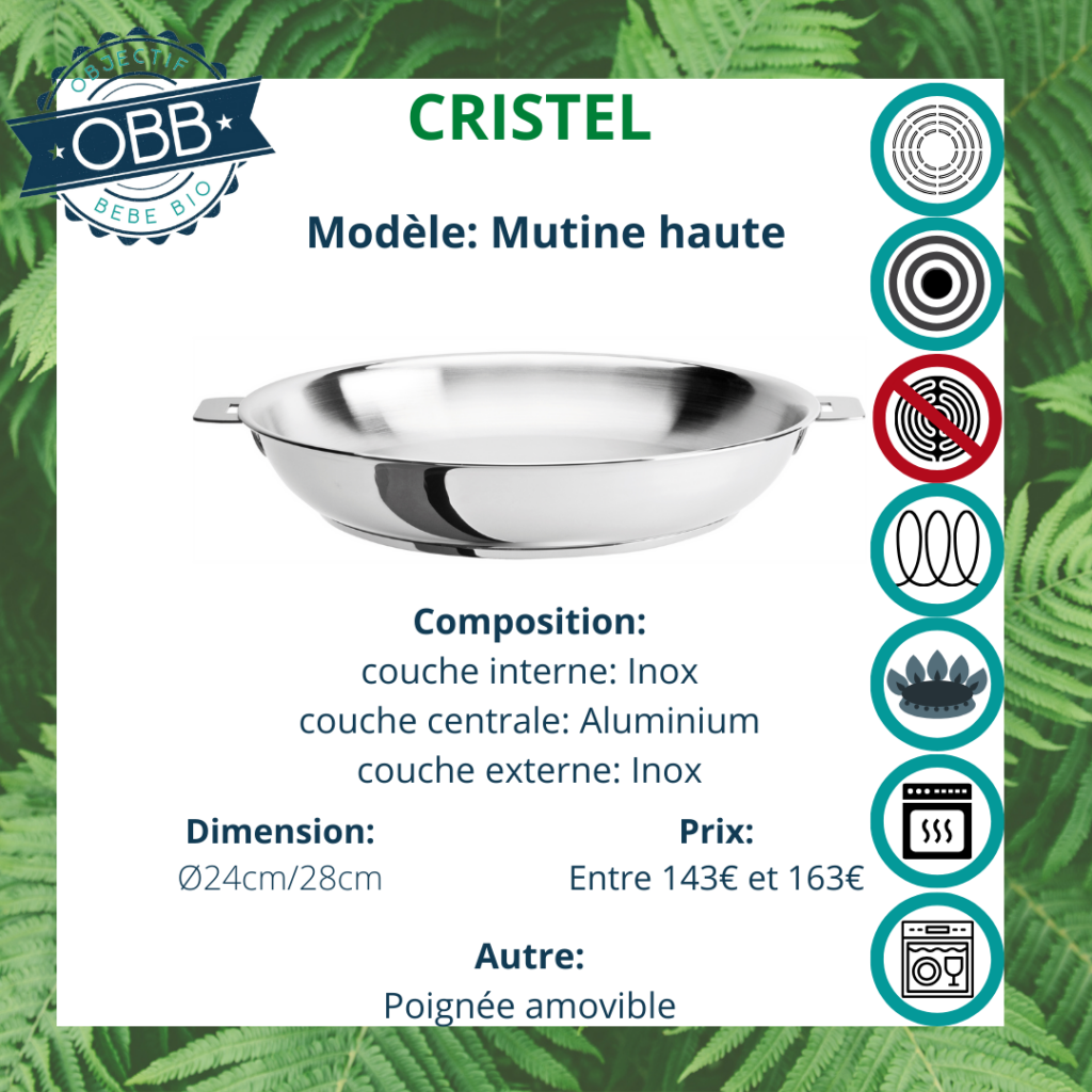 Mutine haute, poêle inox Cristel avec poignée amovible. Compatible avec plusieurs types de feux et le lave vaisselle.