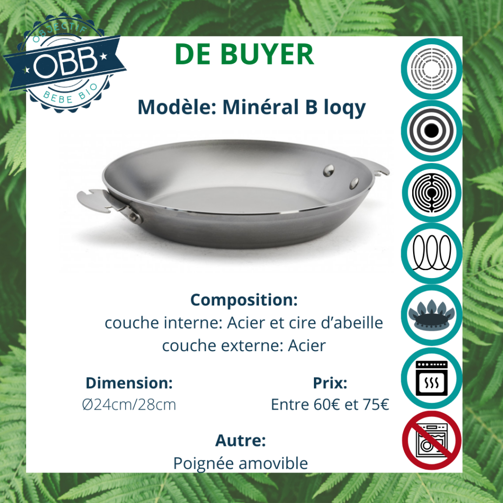 Poêle minéral Bloqy, poêle en acier De Buyer avec poignée amovible. Compatible avec tous types de feux. Incompatible cependant avec le lave vaisselle.