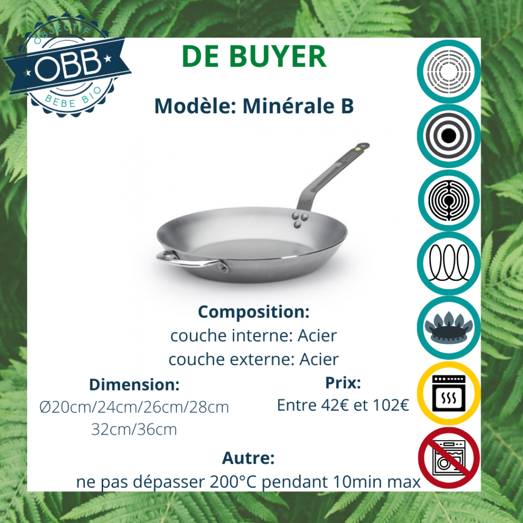 Poêle minérale B, poêle en acier De Buyer avec poignée et également une anse fixes. Compatible avec  tous types de feux. Incompatible cependant avec le lave vaisselle.