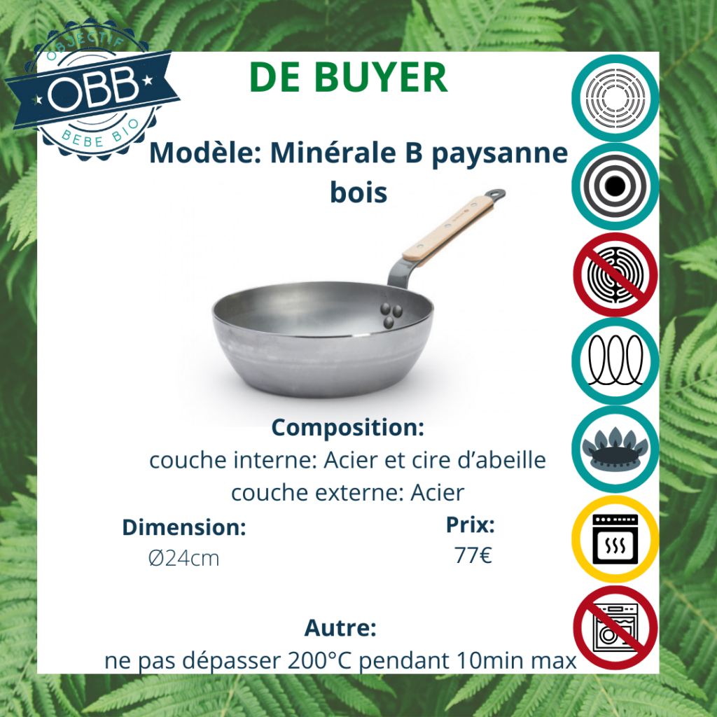 Minérale B paysanne bois, poêle en acier De Buyer avec poignée fixe. Compatible avec plusieurs types de feux. Incompatible cependant avec le lave vaisselle.