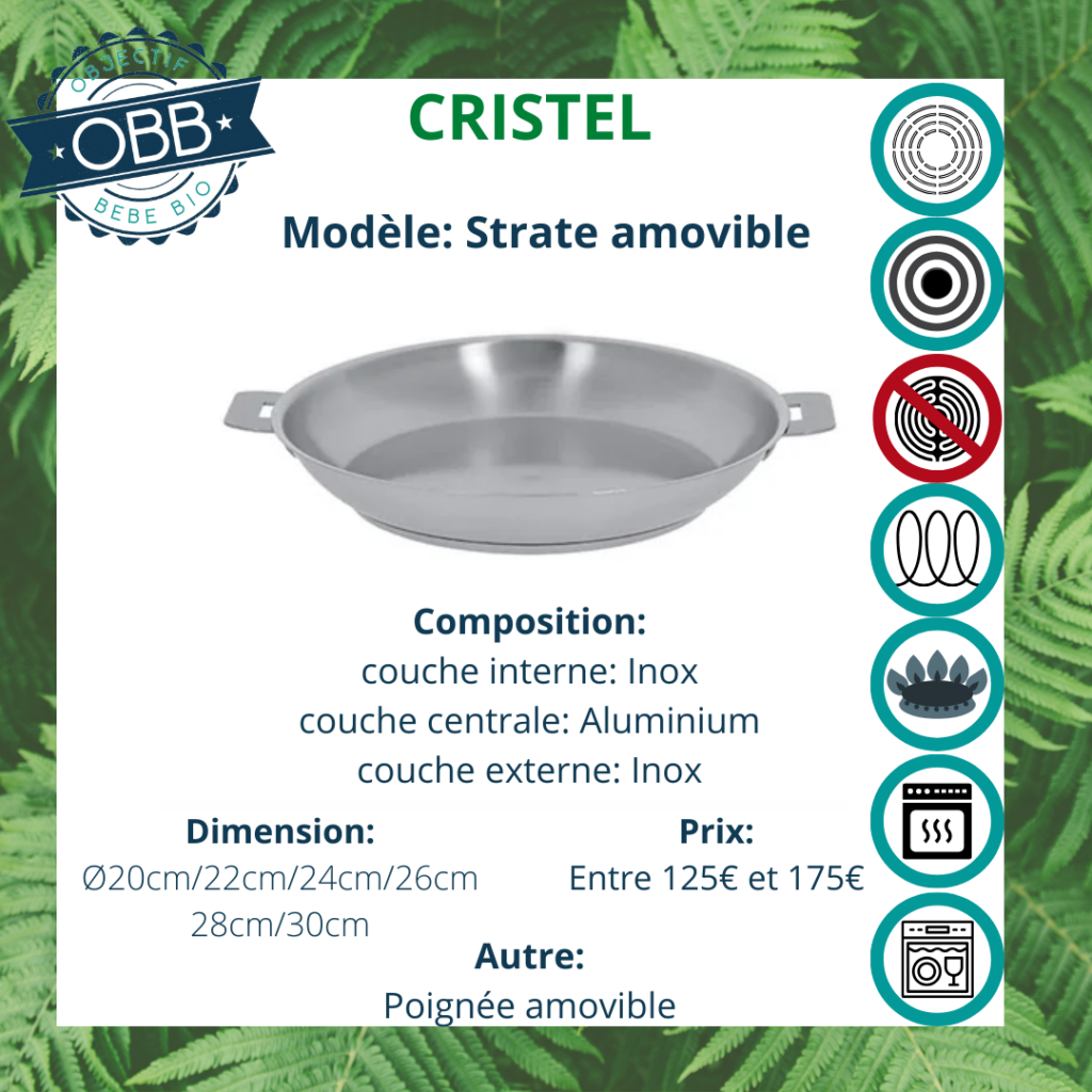 Strate amovible, poêle inox Cristel avec poignée amovible. Compatible avec plusieurs types de feux et le lave vaisselle