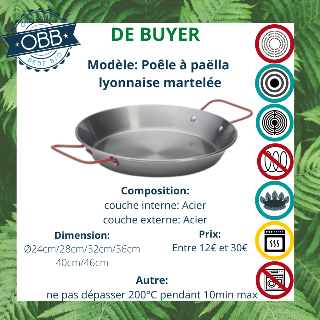 Poêle à paëlla lyonnaise martelée, poêle en acier De Buyer avec anses fixe. Compatible avec plusieurs types de feux. Incompatible cependant avec le lave vaisselle.