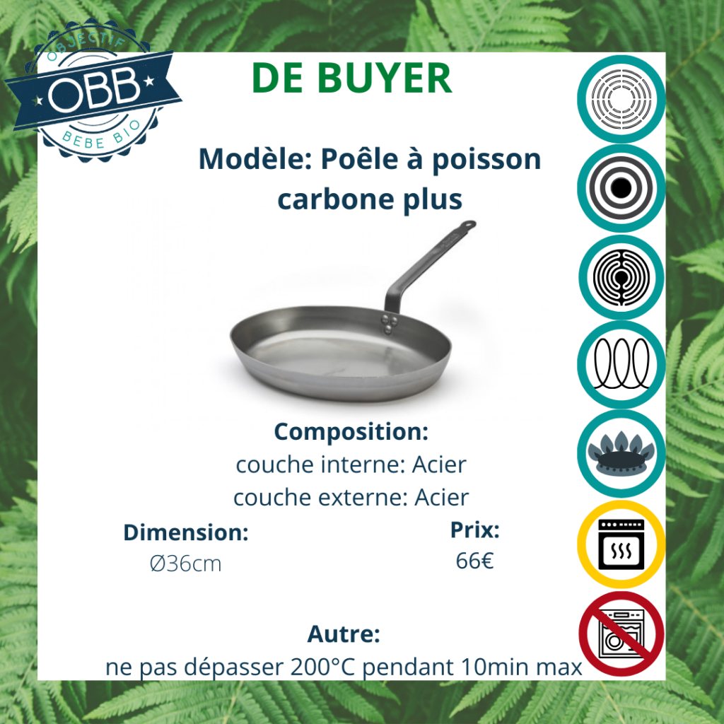 Poêle à poisson carbonne plus, poêle en acier De Buyer avec poignée fixe. Compatible avec tous types de feux. Incompatible cependant avec le lave vaisselle.