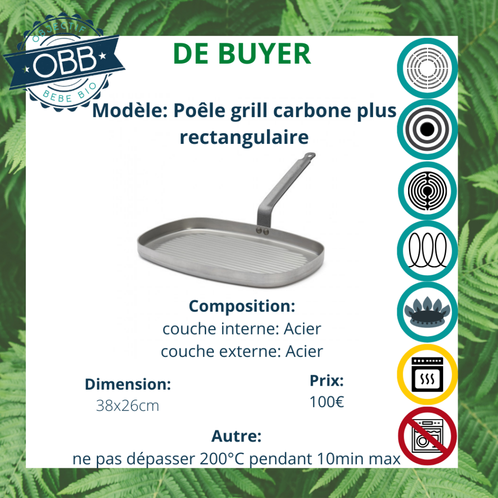 Poêle grill carbone plus rectangulaire, poêle en acier De Buyer avec poignée fixe. Compatible avec tous types de feux. Incompatible cependant avec le lave vaisselle.