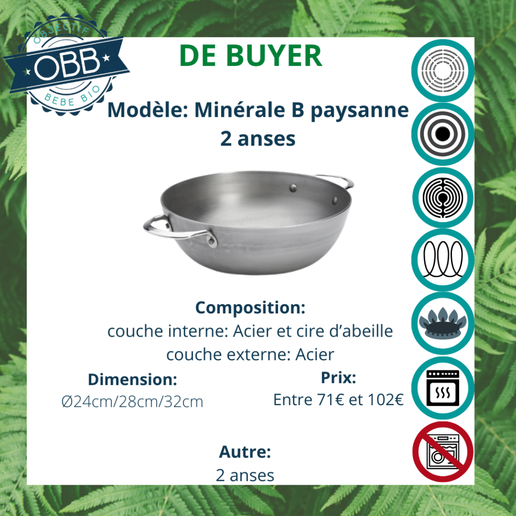 Poêle minérale B paysanne, poêle en acier De Buyer avec anses fixes. Compatible avec tous types de feux. Incompatible cependant avec le lave vaisselle.