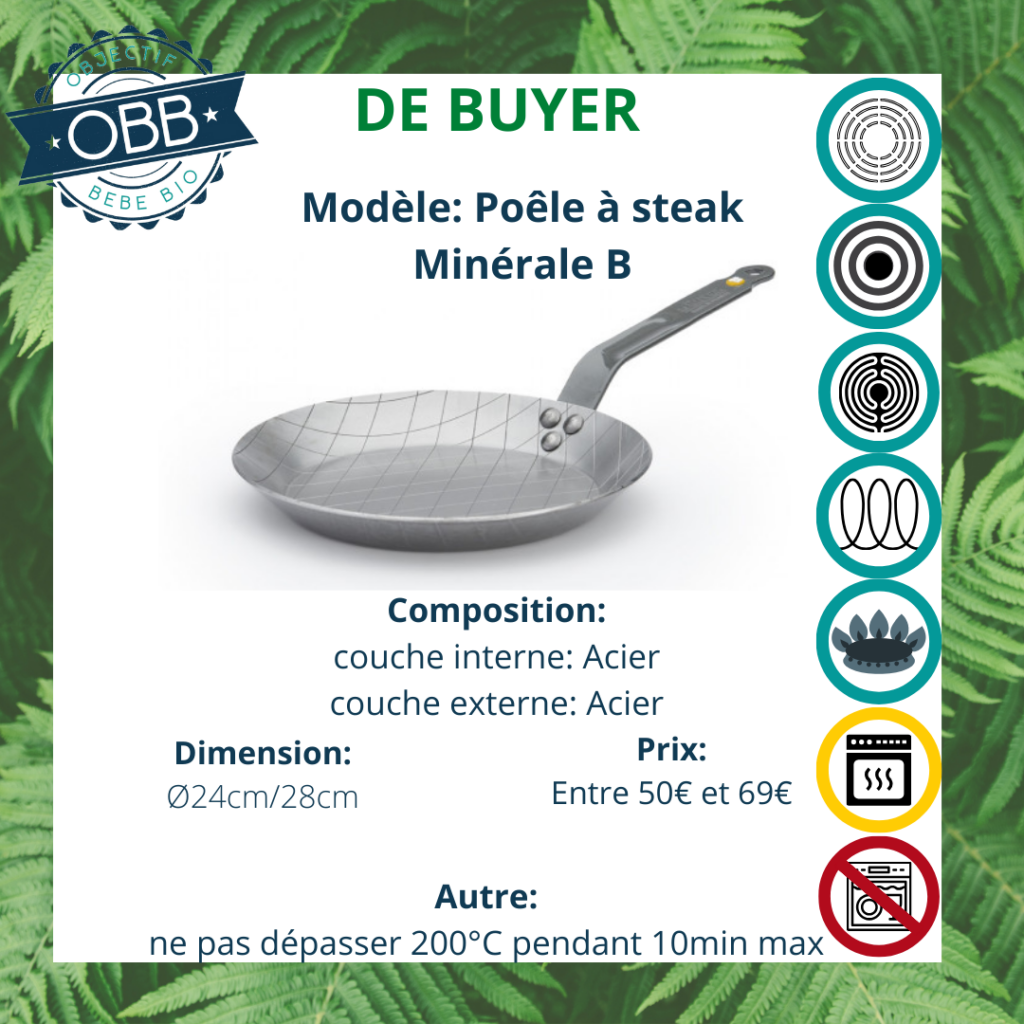 Poêle à steak minérale B, poêle en acier De Buyer avec poignée fixe. Compatible avec tous types de feux. Incompatible cependant avec le lave vaisselle.