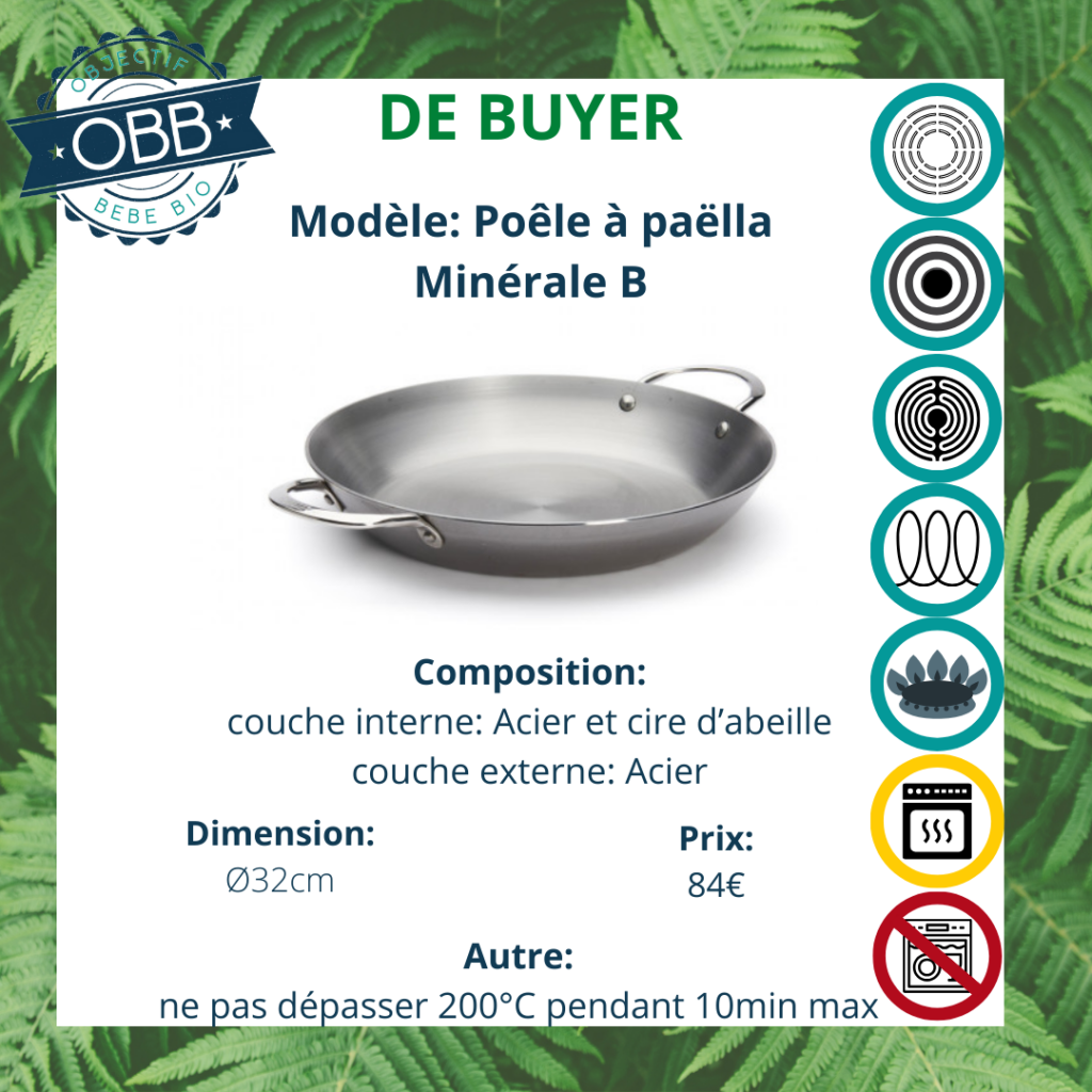 Poêle à paëlla minérale B, poêle en acier De Buyer avec anses fixes. Compatible avec tous types de feux. Incompatible cependant avec le lave vaisselle.