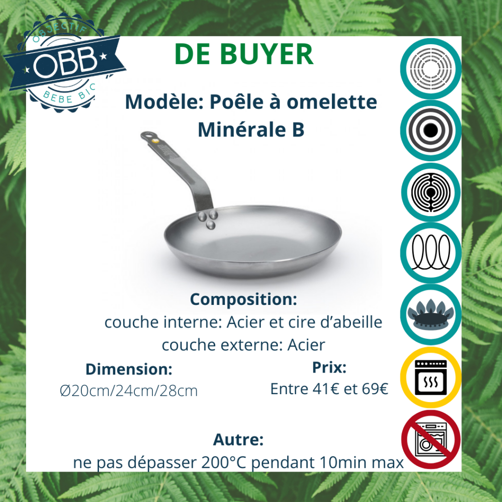 Poêle à omelette minérale B, poêle en acier De Buyer avec poignée fixe. Compatible avec tous types de feux. Incompatible cependant avec le lave vaisselle.