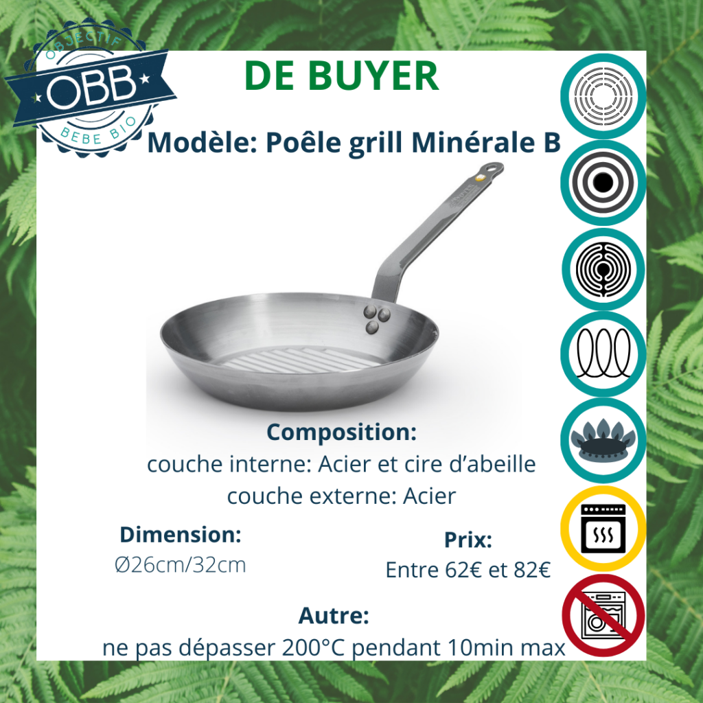 Poêle grill minérale B, poêle en acier De Buyer avec poignée fixe. Compatible avec tous types de feux. Incompatible cependant avec le lave vaisselle.