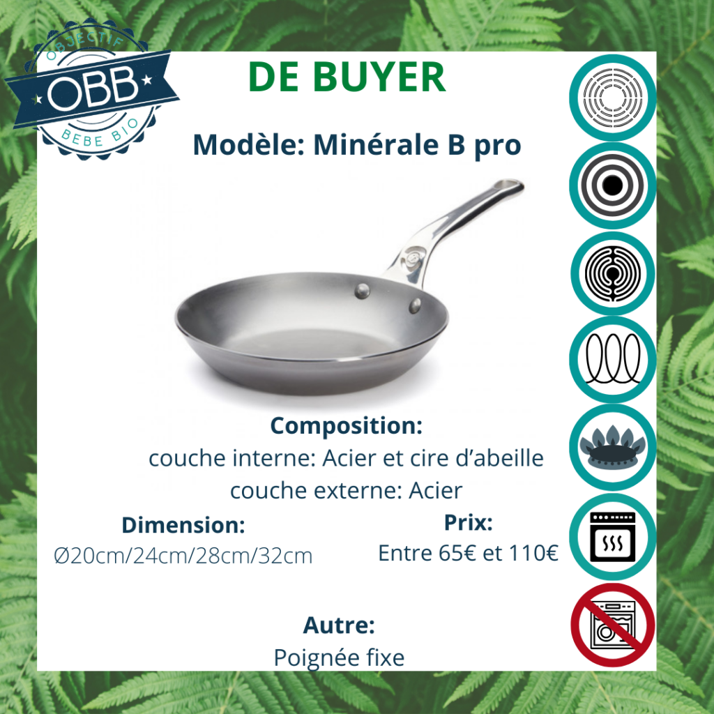 Poêle minérale B pro, poêle en acier De Buyer avec poignée fixe. Compatible avec tous types de feux. Incompatible cependant avec le lave vaisselle.