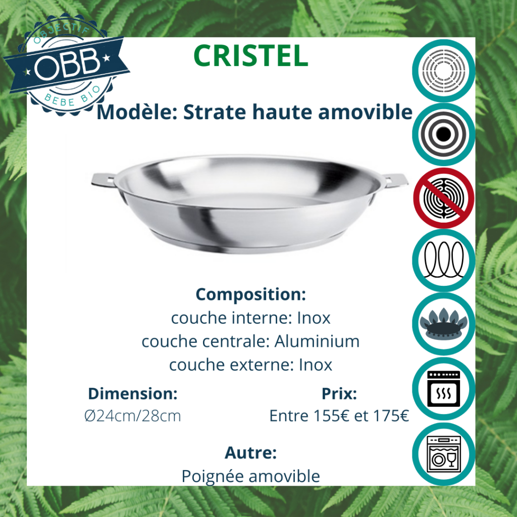 Strate haute amovible, poêle inox Cristel avec poignée amovible. Compatible avec plusieurs types de feux et le lave vaisselle.