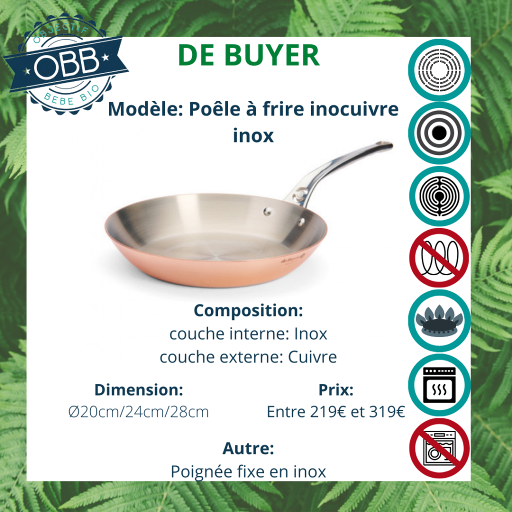 Inocuivre inox, poêle inox/cuivre De Buyer avec poignée fixe en inox. Compatible avec plusieurs types de feux. Incompatible avec le lave vaisselle.