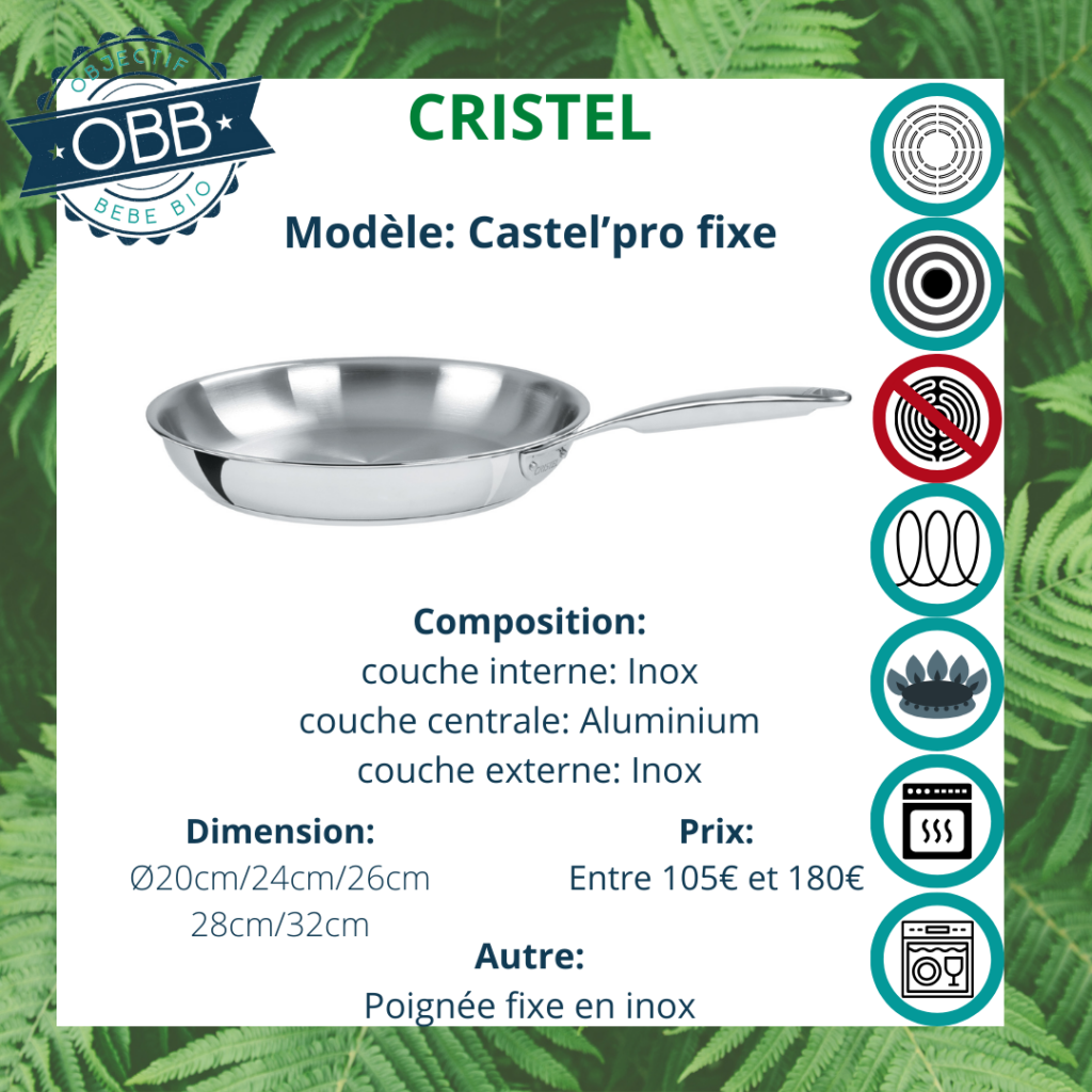 Castel'pro fixe, poêle inox Cristel avec poignée fixe. Compatible avec plusieurs types de feux et le lave vaisselle.