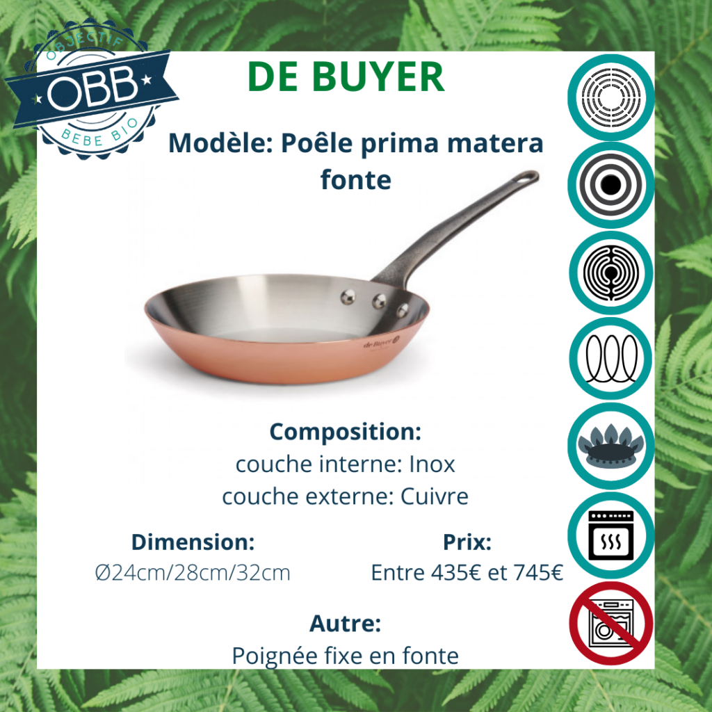 Prima matera bronze, poêle inox/cuivre De Buyer avec poignée fixe en fonte. Compatible avec tous types de feux. Incompatible avec le lave vaisselle.