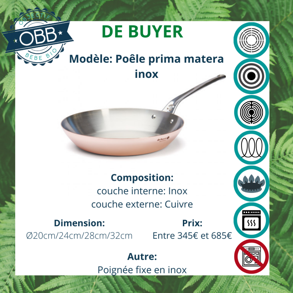 Prima matera inox, poêle inox/cuivre De Buyer avec poignée fixe en inox. Compatible avec tous types de feux. Incompatible avec le lave vaisselle.