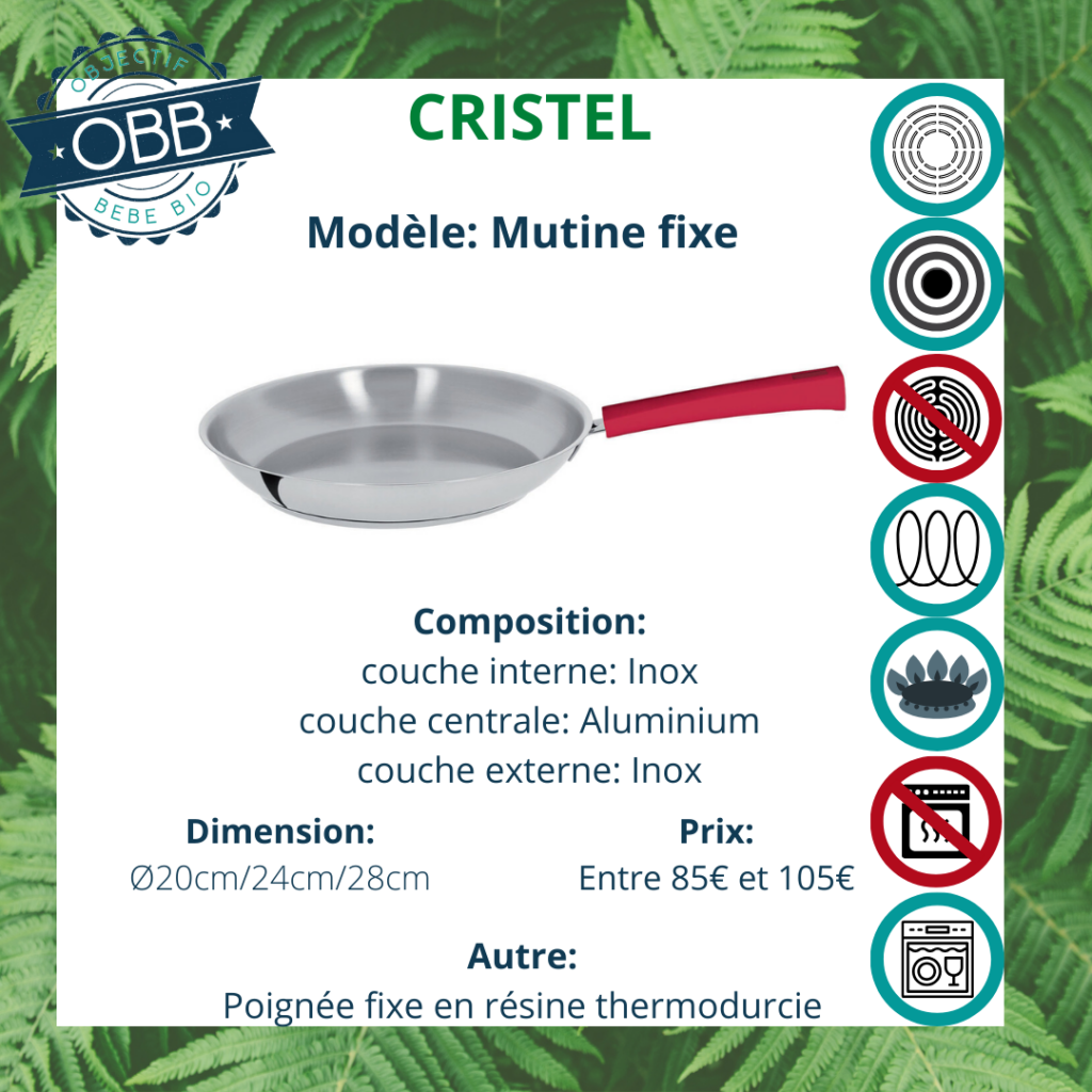 Mutine fixe, poêle inox Cristel avec poignée fixe en résine. Compatible avec plusieurs types de feux et le lave vaisselle.