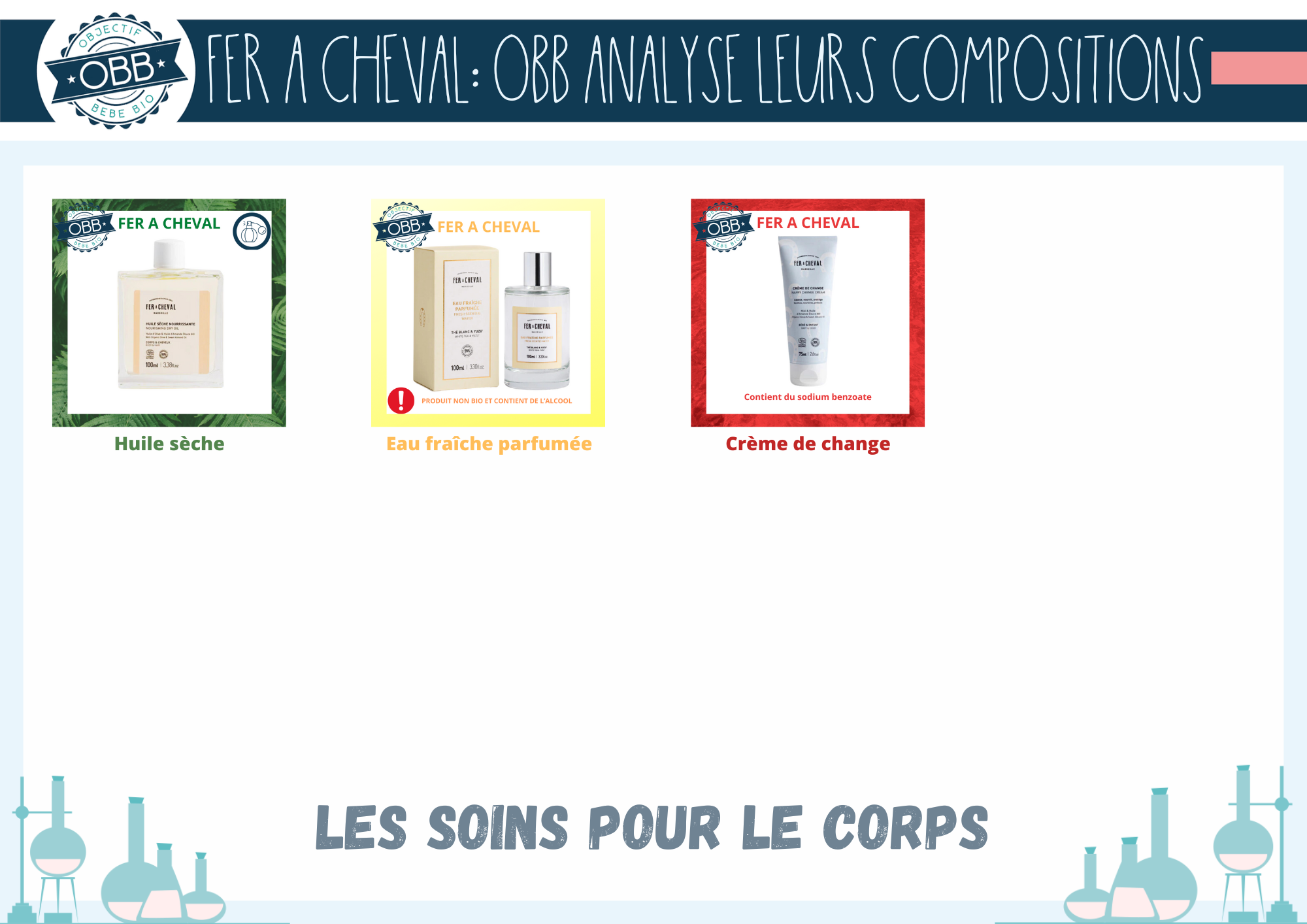 l'huile sèche parfumée, l'eau de parfum contenant de l'alcool et la crème de change pour bébé de la marque Fer à Cheval